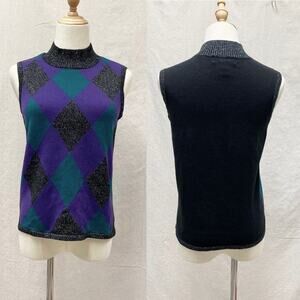 Vintage 90s argyle metallic accent sleeveless mock neck sweater Size Small